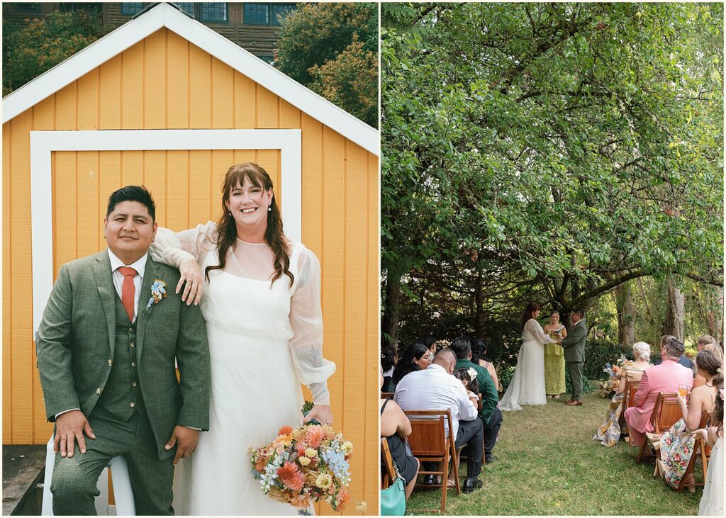 A bride leans on a groom's shoulder outside a yellow shed at The Wayfarer Whidbey Island.
