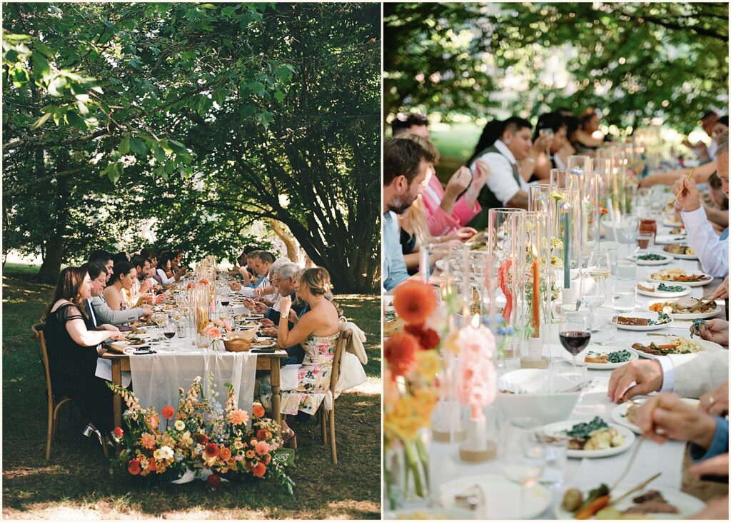 Wedding guests eat dinner outdoors at a table at a Whidbey Island wedding venue.