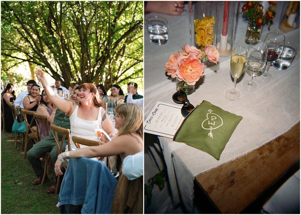 A bride raises a glass during a speech at a Whidbey Island wedding.