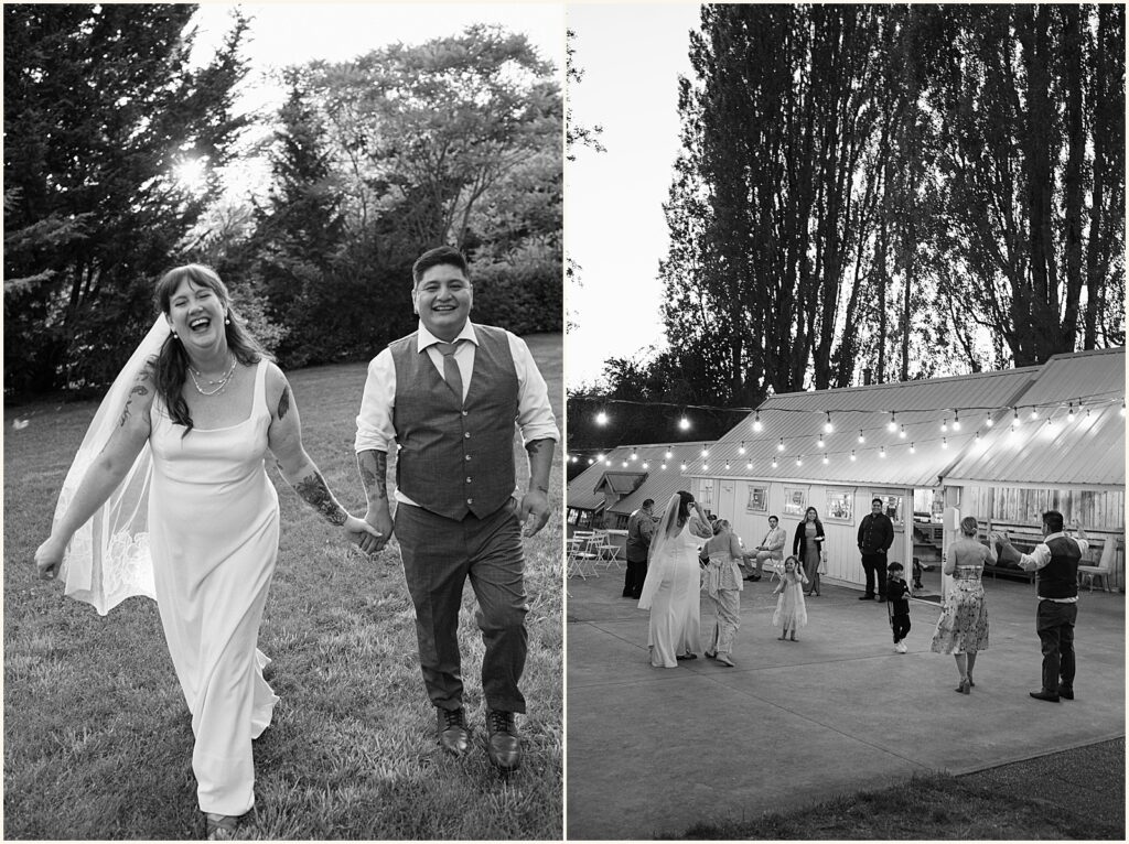 A bride and groom hold hands and walk towards an outdoor wedding reception at The Wayfarer Whidbey Island.
