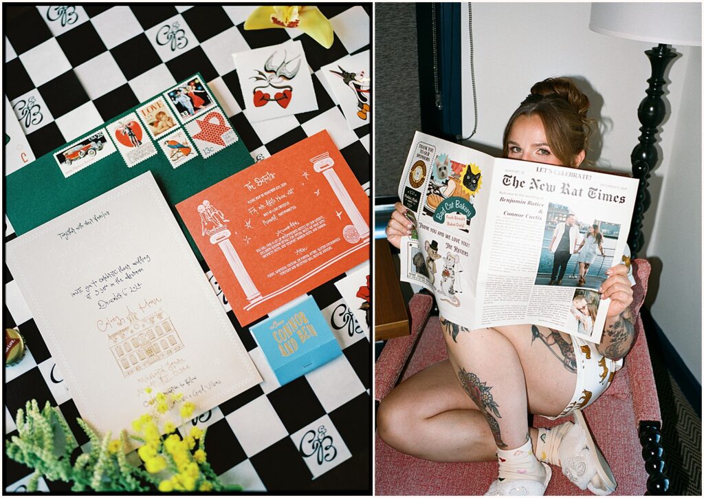 A bride reads a wedding newspaper on a vintage bed.