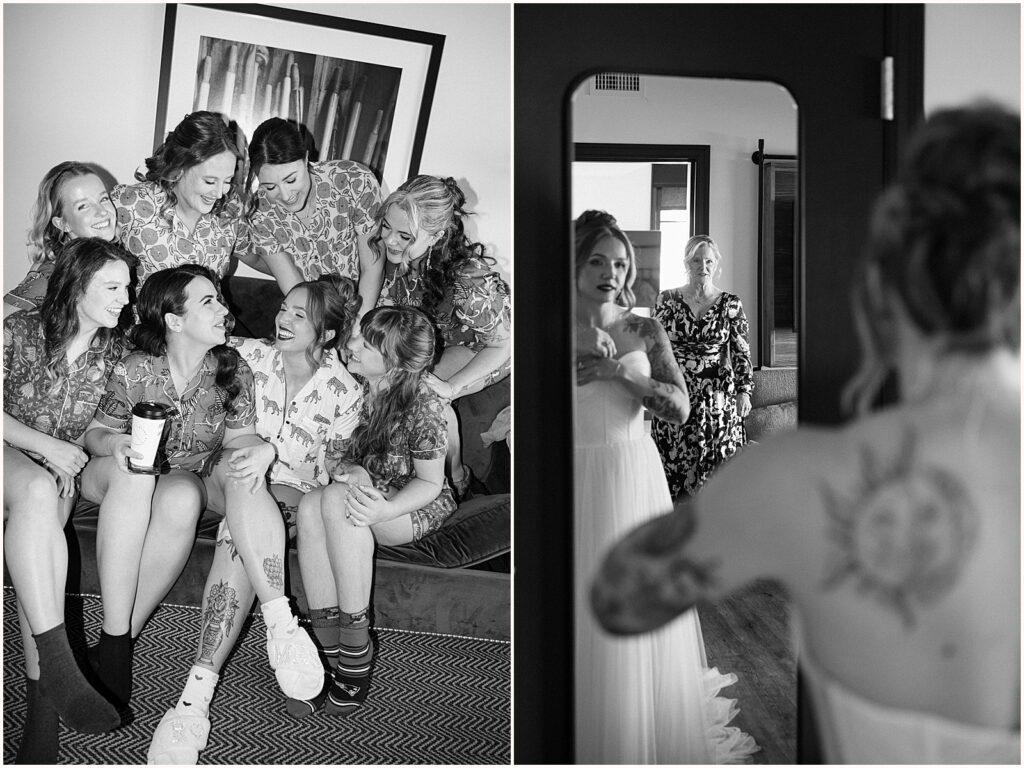 A bride adjusts her dress while looking in a mirror in a suite at the Colony House Newport.