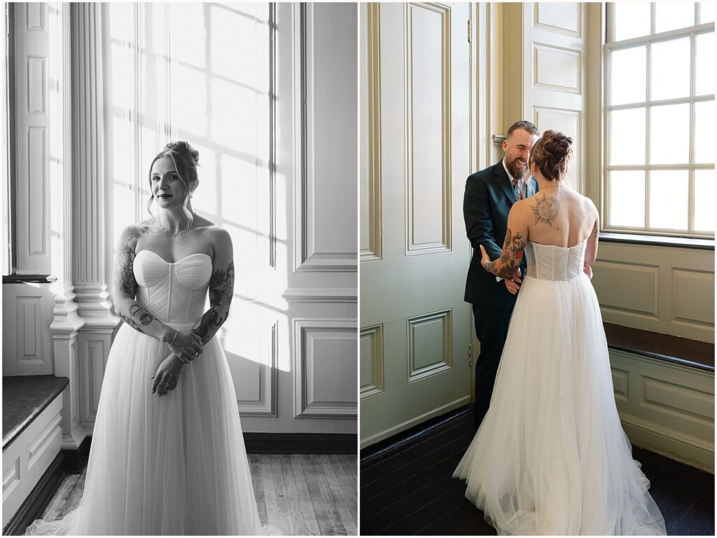 A bride and groom have their first look in a sunny corner of Colony House Newport.