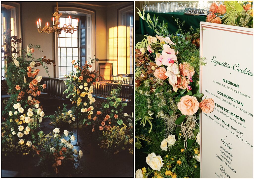 Big flower installations decorate Colony House Newport for a wedding.