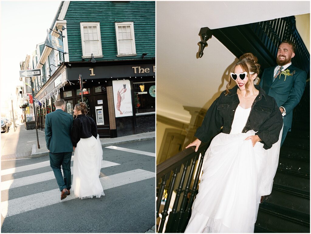 A bride wearing sunglasses walks down a staircase inside Colony House Newport.