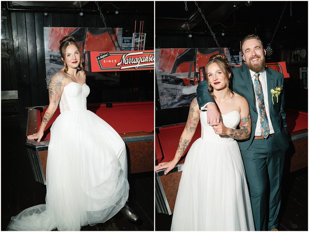 A bride and groom pose against a red pool table in Newport.