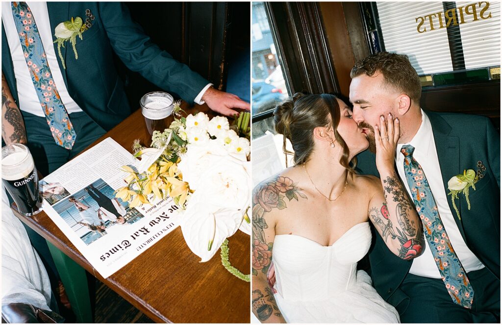 A bride and groom kiss in a booth at a Newport bar.