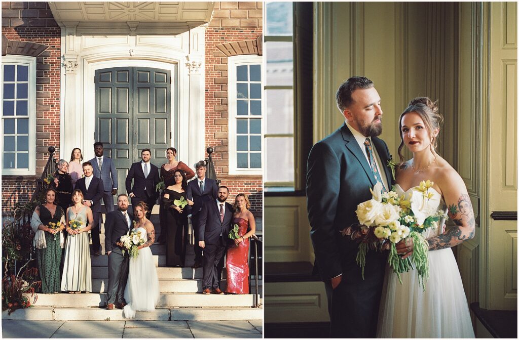 A bride and groom pose with their wedding party on the steps of Colony House Newport.