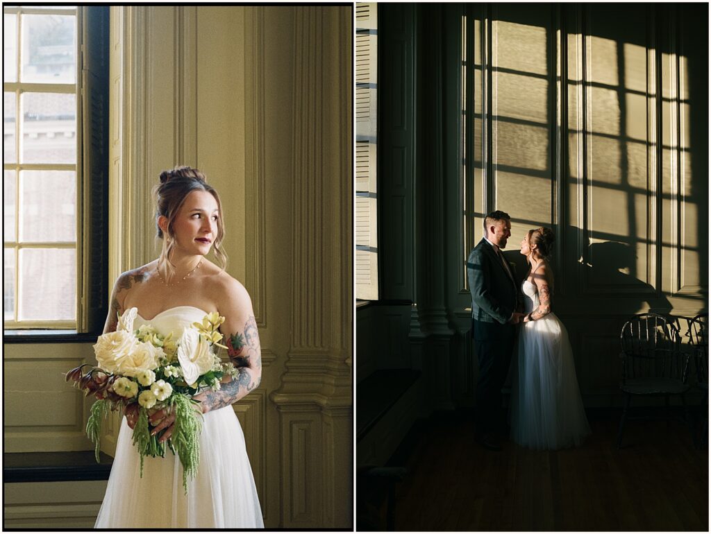A bride poses for a film wedding photo.
