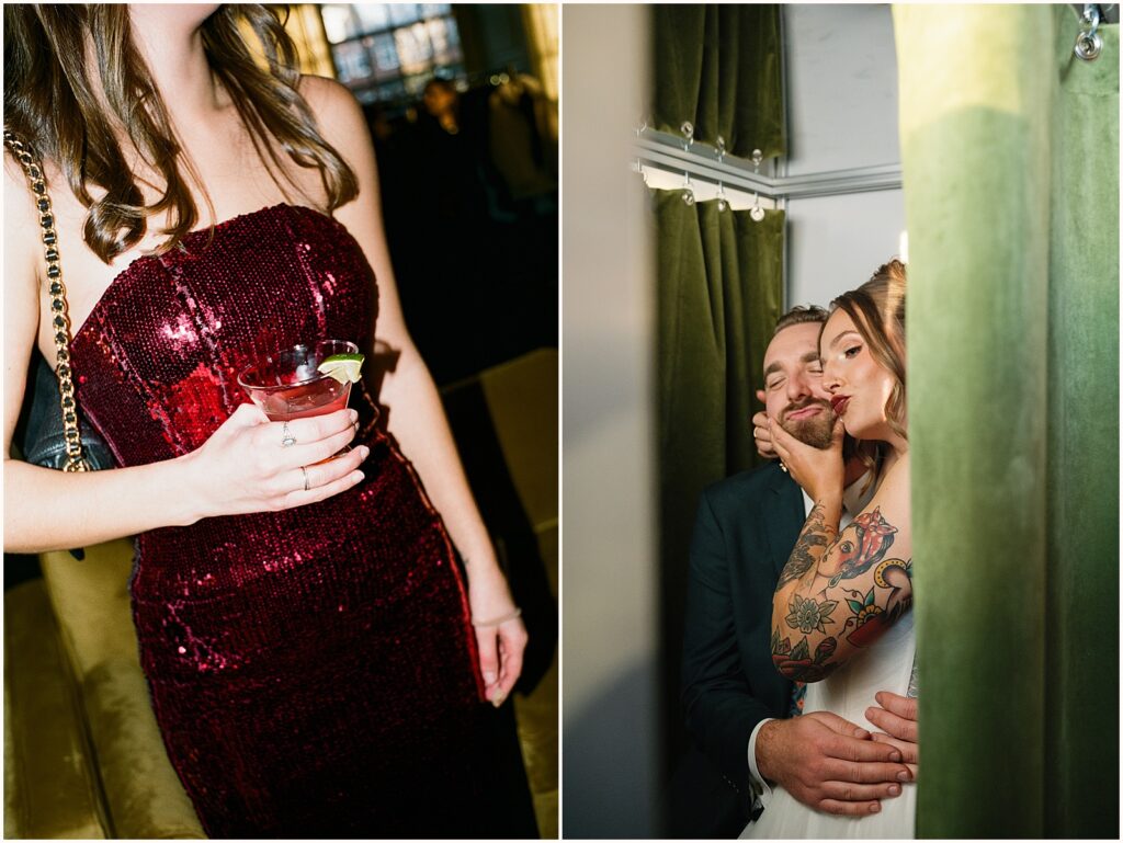 A wedding guest in a red sequin dress holds a cocktail.