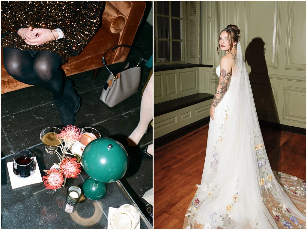 A bride looks over her shoulder at a Newport wedding photographer at Colony House Newport.