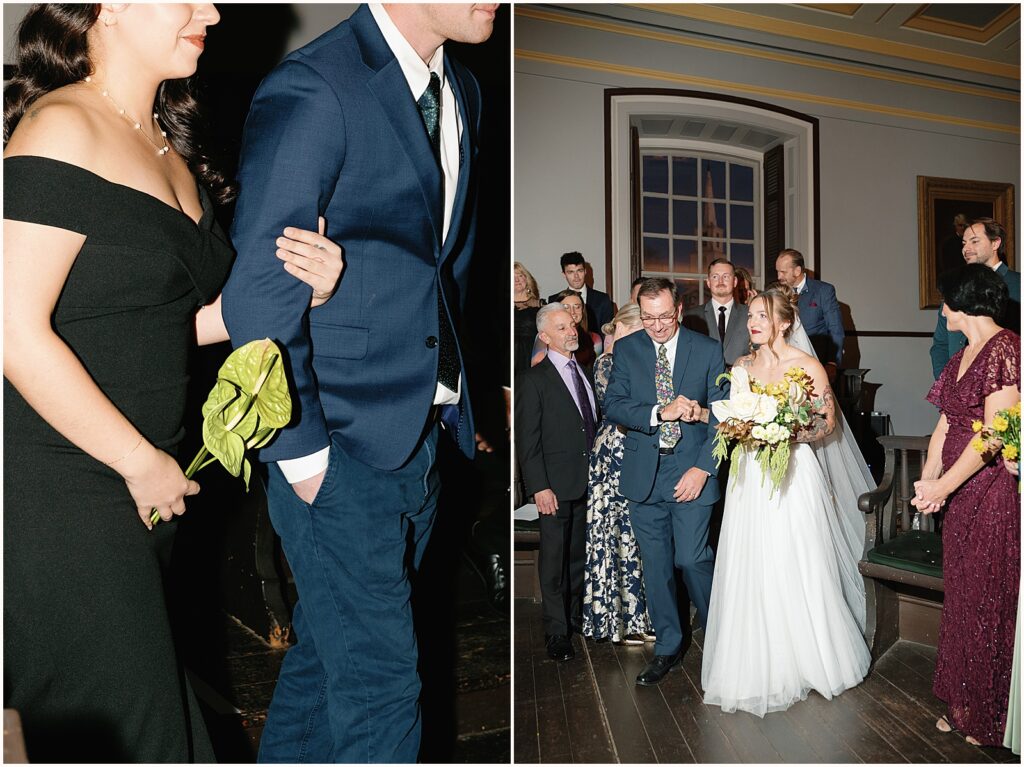 A bridesmaid carries a green anthurium in a processional at a Newport wedding.