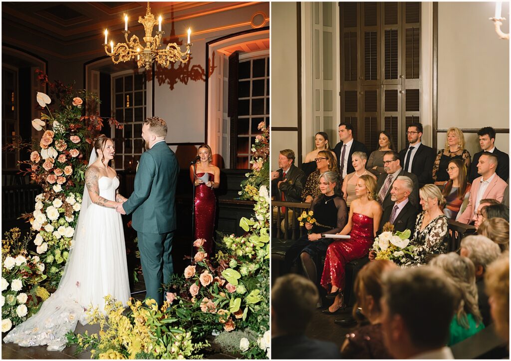 Wedding guests watch a ceremony inside Colony House Newport.