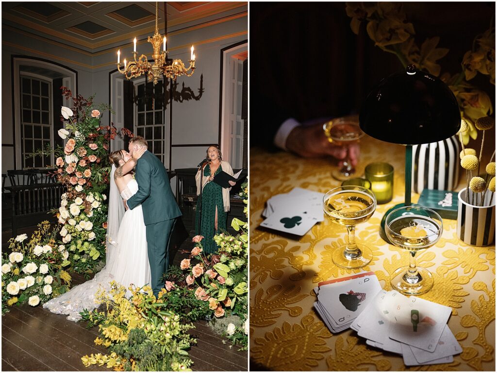 A bride and groom share their first kiss at a wedding ceremony at Colony House Newport.