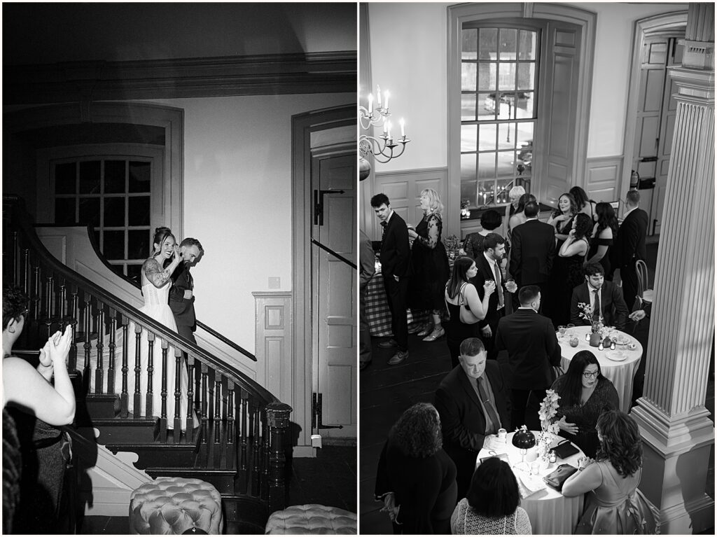 A bride and groom walk down a staircase to enter a Newport wedding reception.
