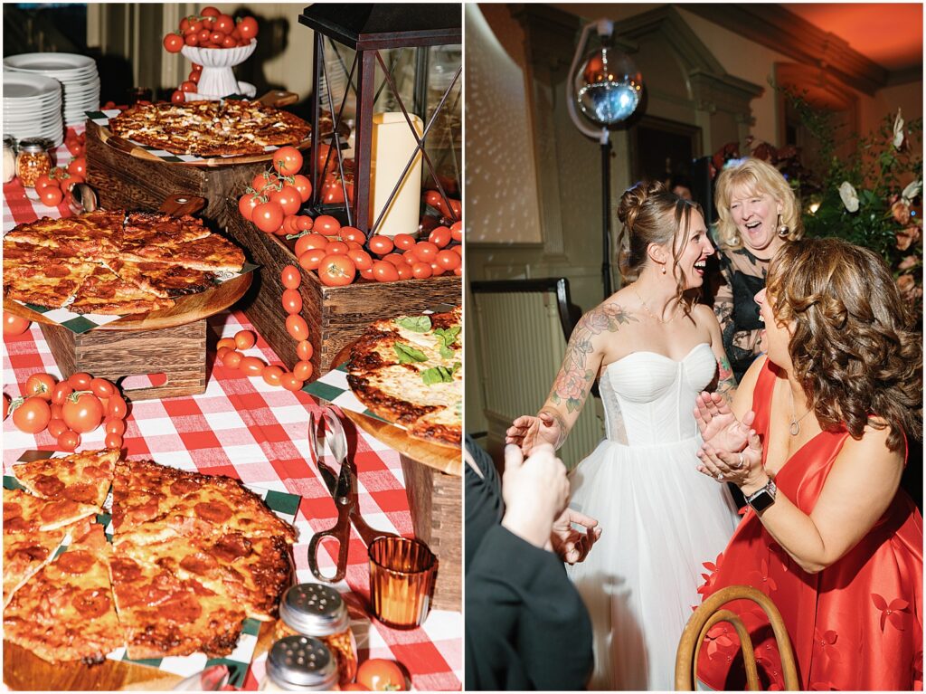 Pizzas sit on a red and white table cloth at a Newport wedding reception.
