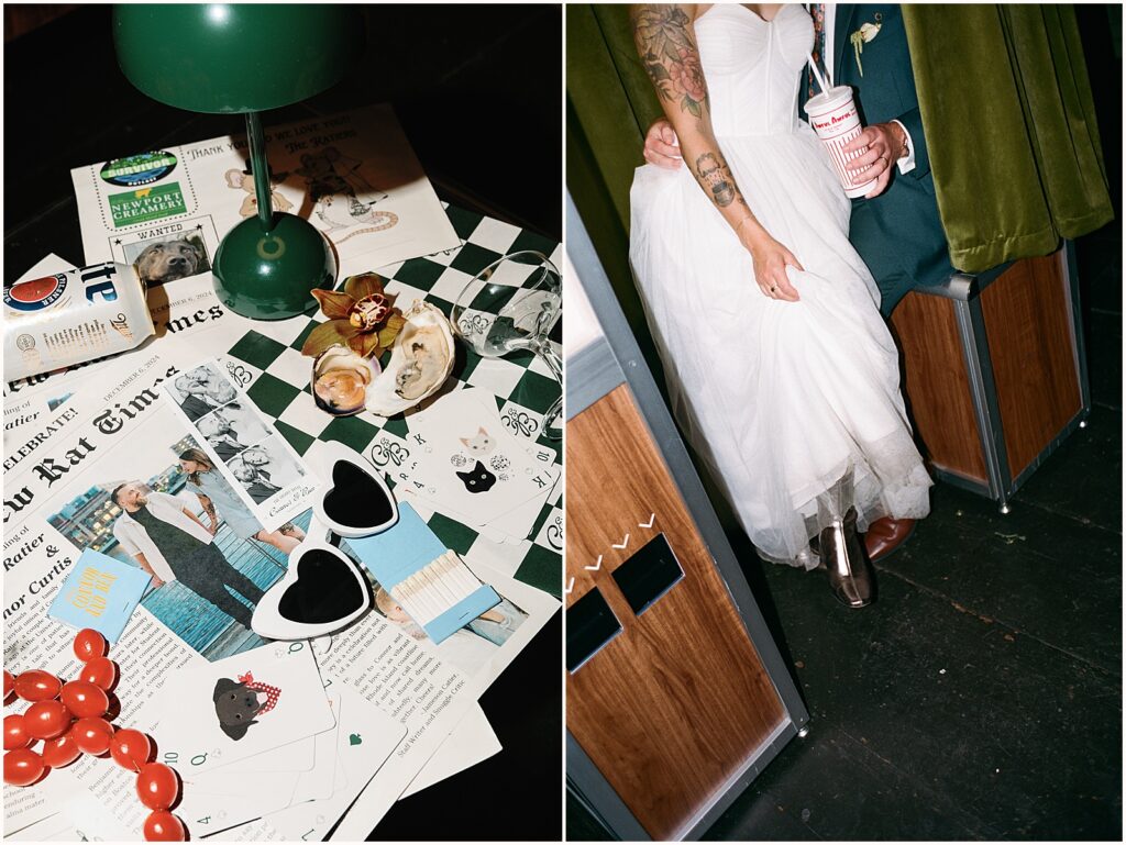 A bride and groom sit inside a wedding photobooth at Colony House Newport.