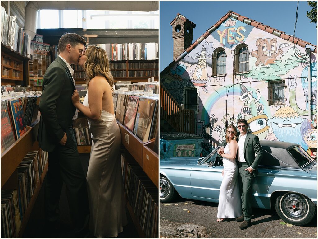 A bride and groom pose in front of a mural before their Portland elopement.