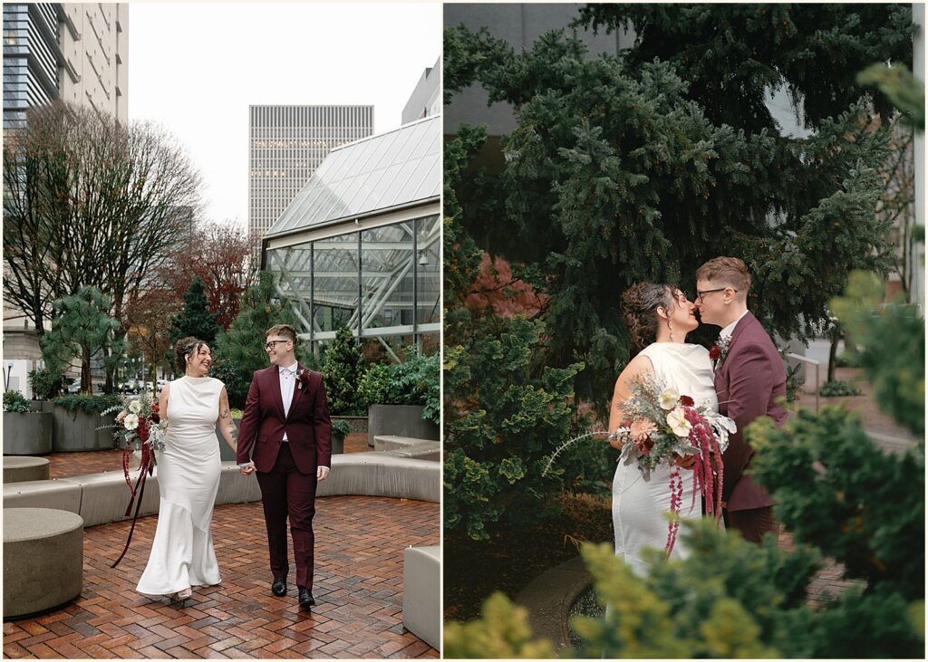 A couple walks through a park before they elope in Portland.