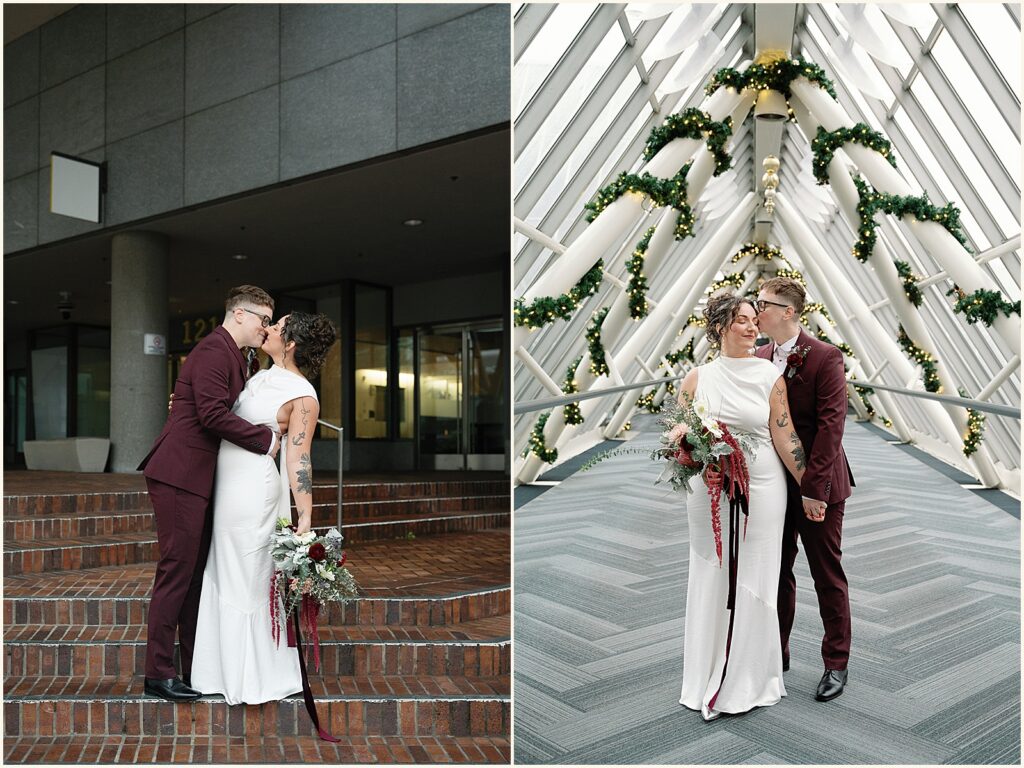 Two marriers kiss on the steps of a Portland courthouse on the way to their elopement ceremony.