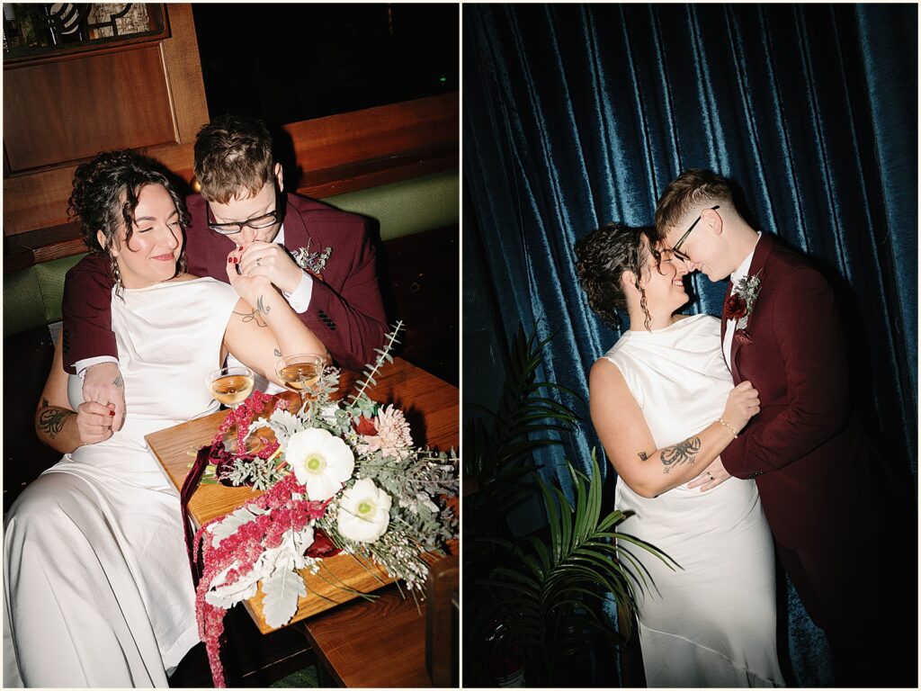 Two marriers sit at a booth at a Portland bar.