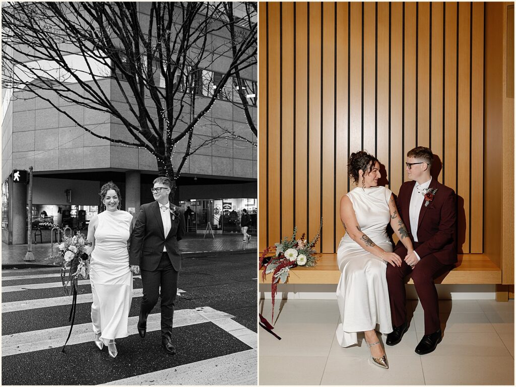 A couple sits on a bench in the hallway at a Portland city hall elopement.