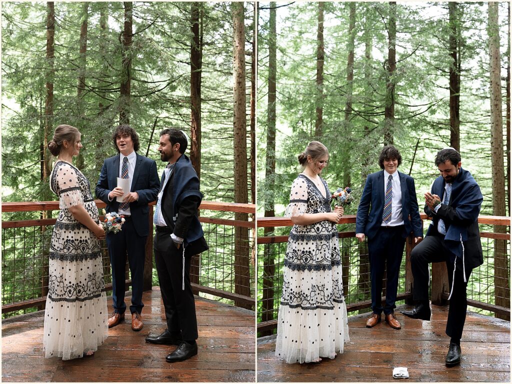 A groom smashes a glass at the end of Portland wedding ceremony at Hoyt Arboretum.