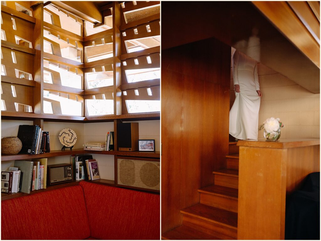 A bride walks down a staircase in the Gordon House on her way to her first look.