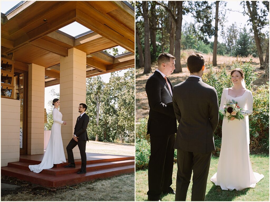 A bride and groom stand in front of an officiant at a micro wedding in Portland.