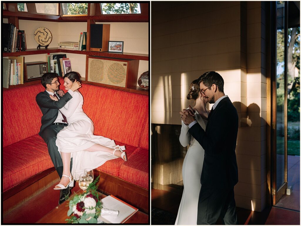 A bride sits on a groom's lap on a vintage couch at the Gordon House Portland.