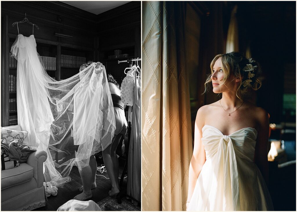 A bride poses beside a window for film wedding photography.