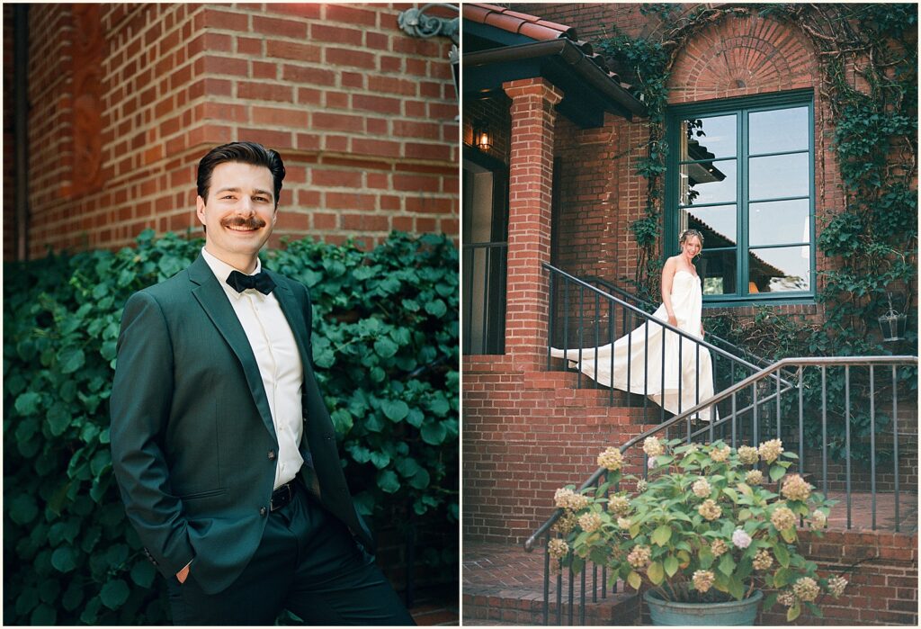 A groom stands beside a brick wall in Portland.