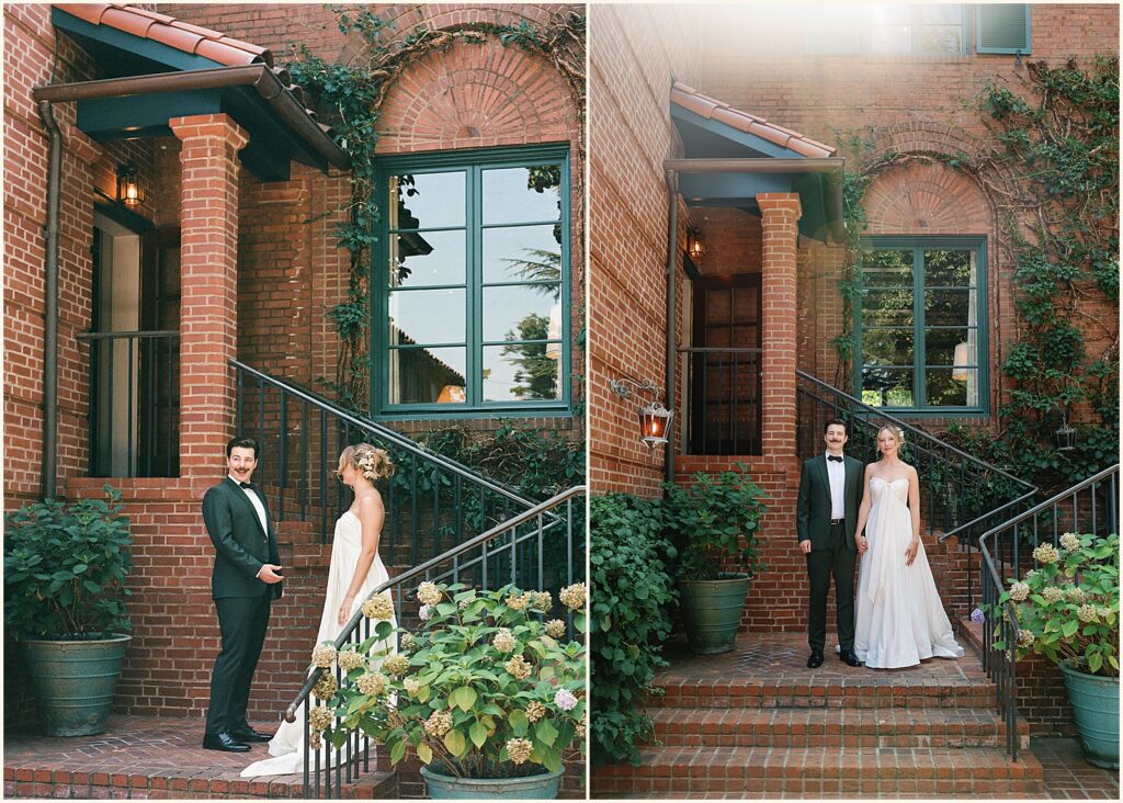 A groom reacts to seeing a bride in film wedding photography of their first look.