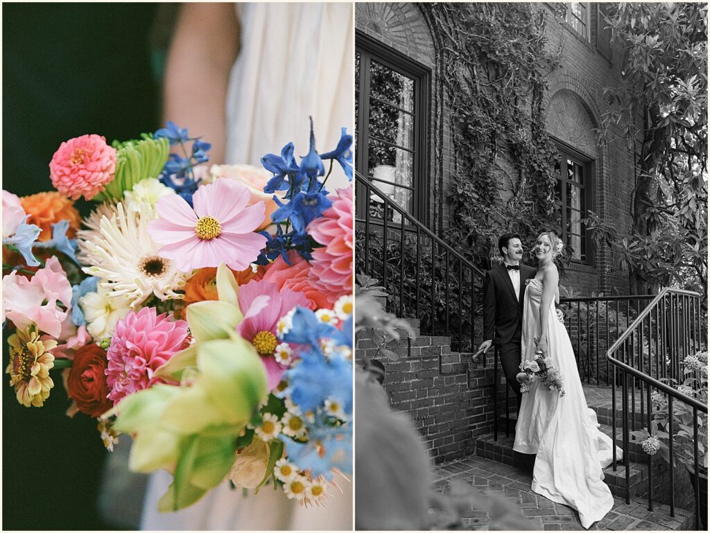 A bride carries a colorful bridal bouquet.