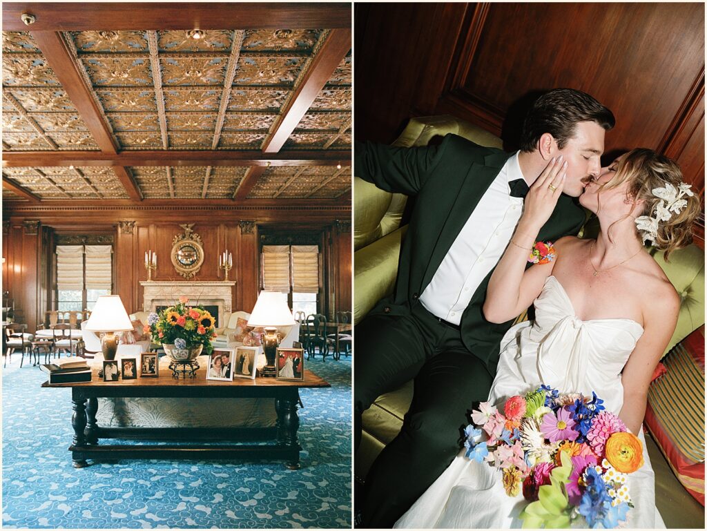 A bride and groom kiss on a vintage couch.