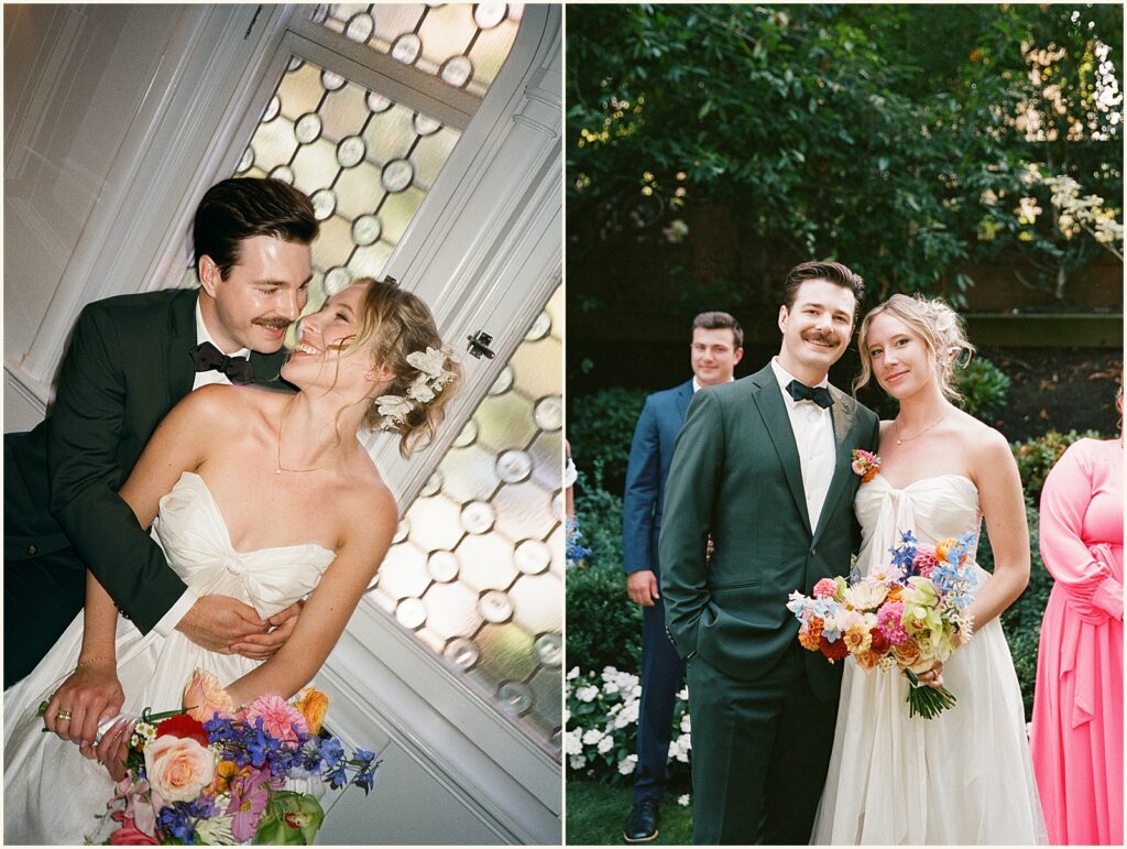 A groom wraps his arms around a bride's waist in film wedding photography.