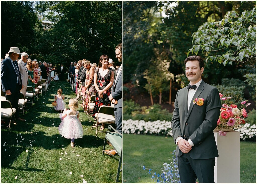 A flower girl throws petals in an aisle at an outdoor wedding on film wedding photography.