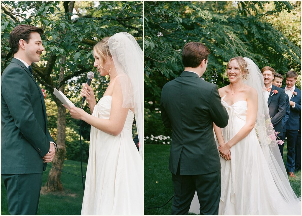 A bride reads her vows into a microphone in film wedding photography.