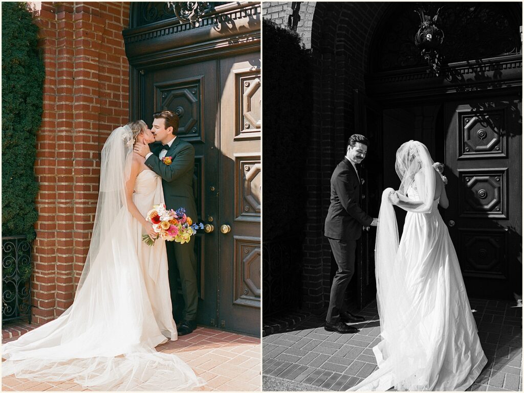 A bride and groom kiss in the shade of a Portland wedding venue in a film wedding photo.