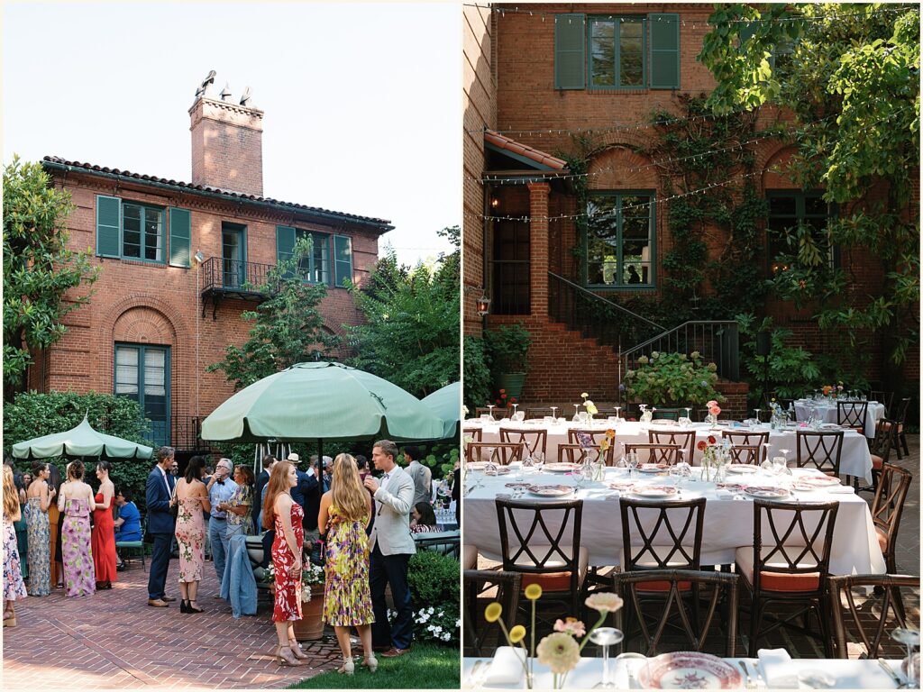 Wedding guests gather under green umbrellas at cocktail hour during a Portland wedding.