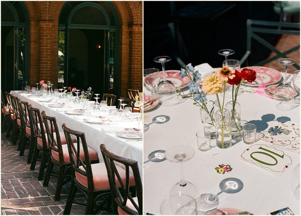Colorful flowers sit on a reception table at an outdoor wedding in Portland.