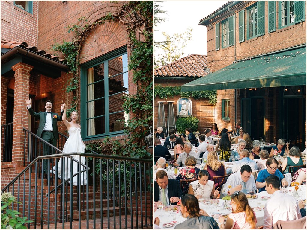 A bride and groom enter a wedding reception with their hands raised in a film wedding photo.