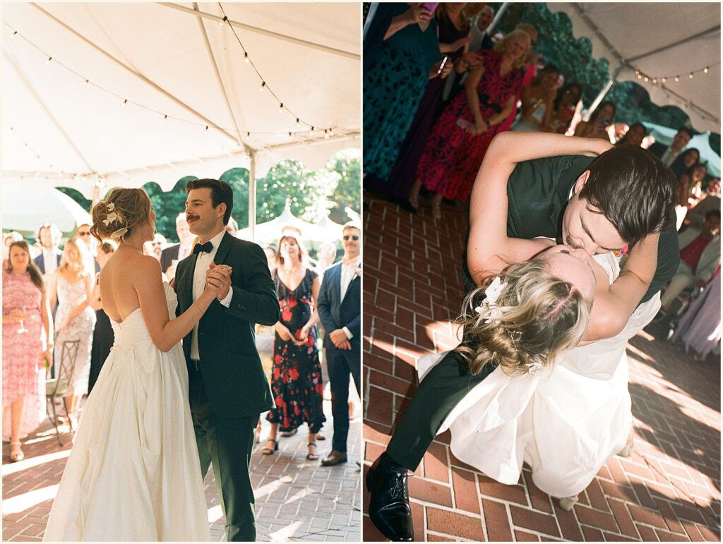 A groom dips a bride for a kiss on the dance floor at their Portland wedding.