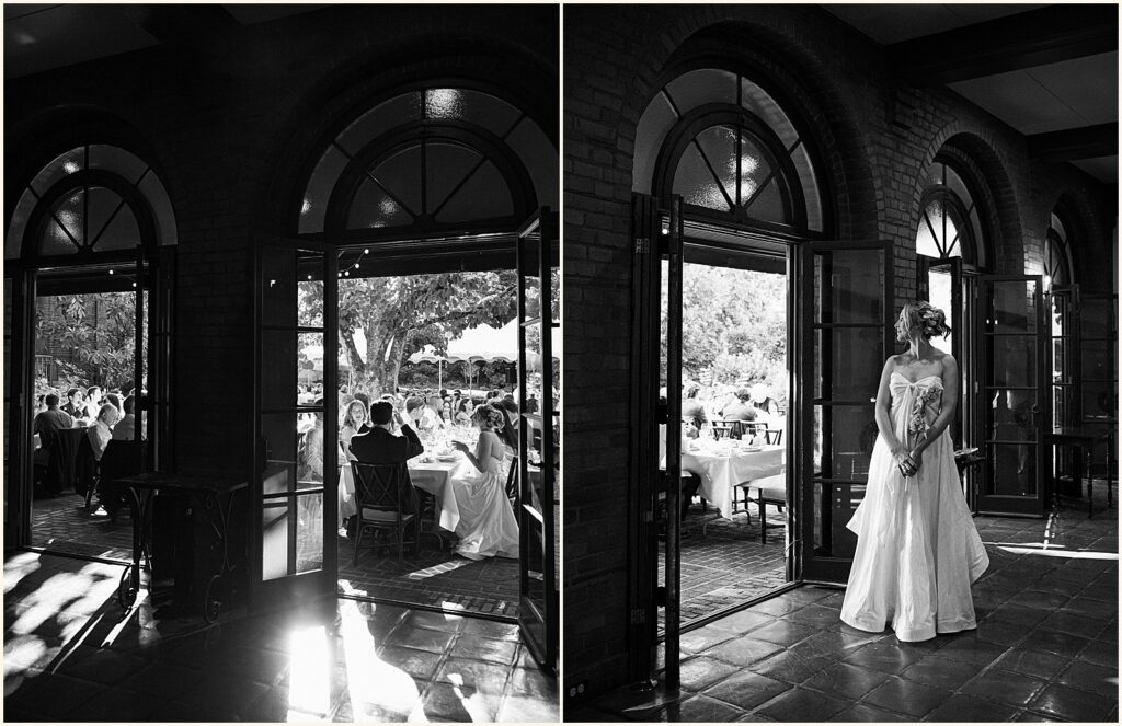 A bride poses for a black and white wedding photo at a Portland wedding.