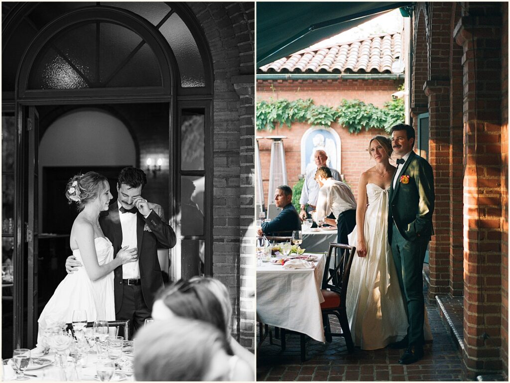 A groom wipes away a tear during a wedding toast at a Portland wedding.