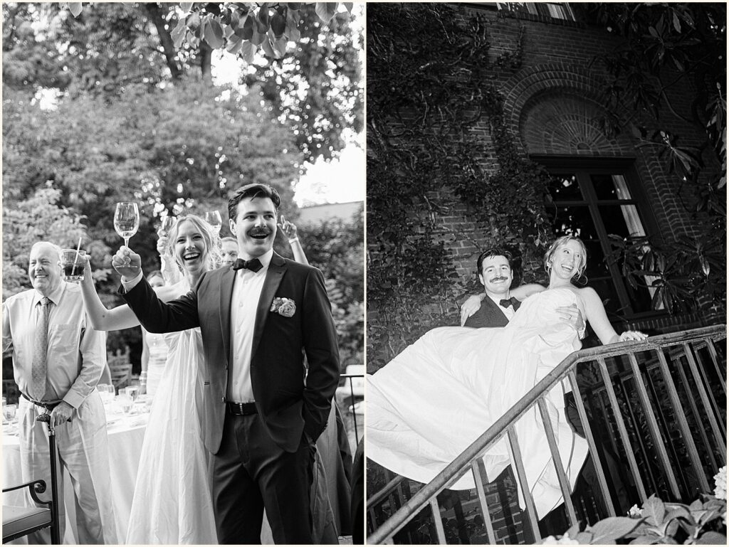 A groom picks up a bride on a landing.
