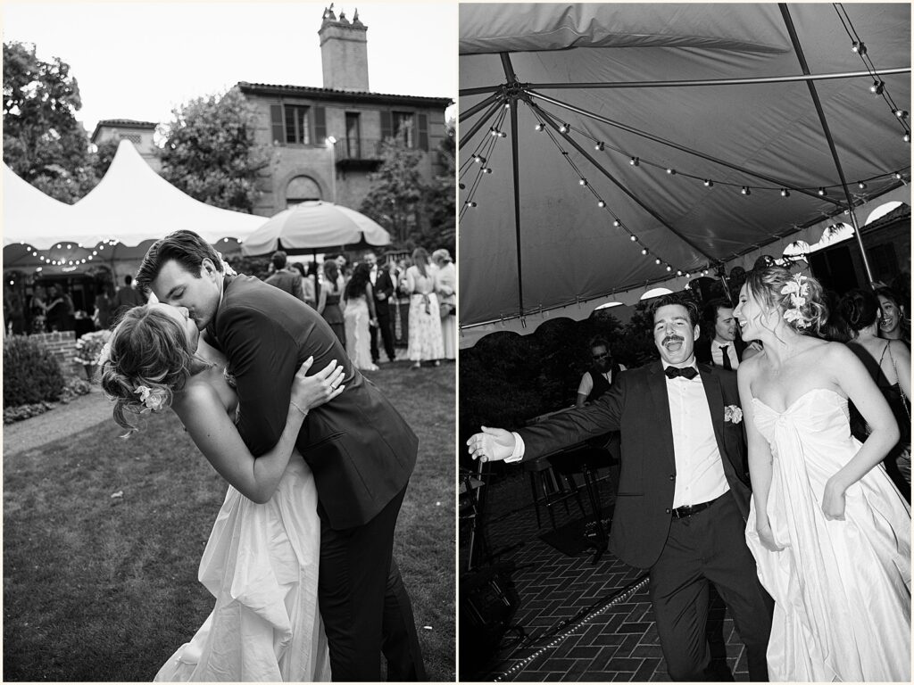 A bride and groom dance in a wedding tent.