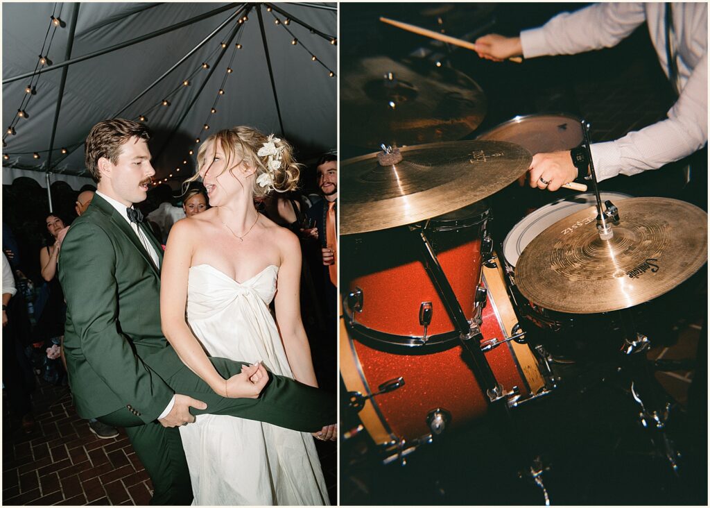A drummer plays at a Portland wedding reception in a tent.