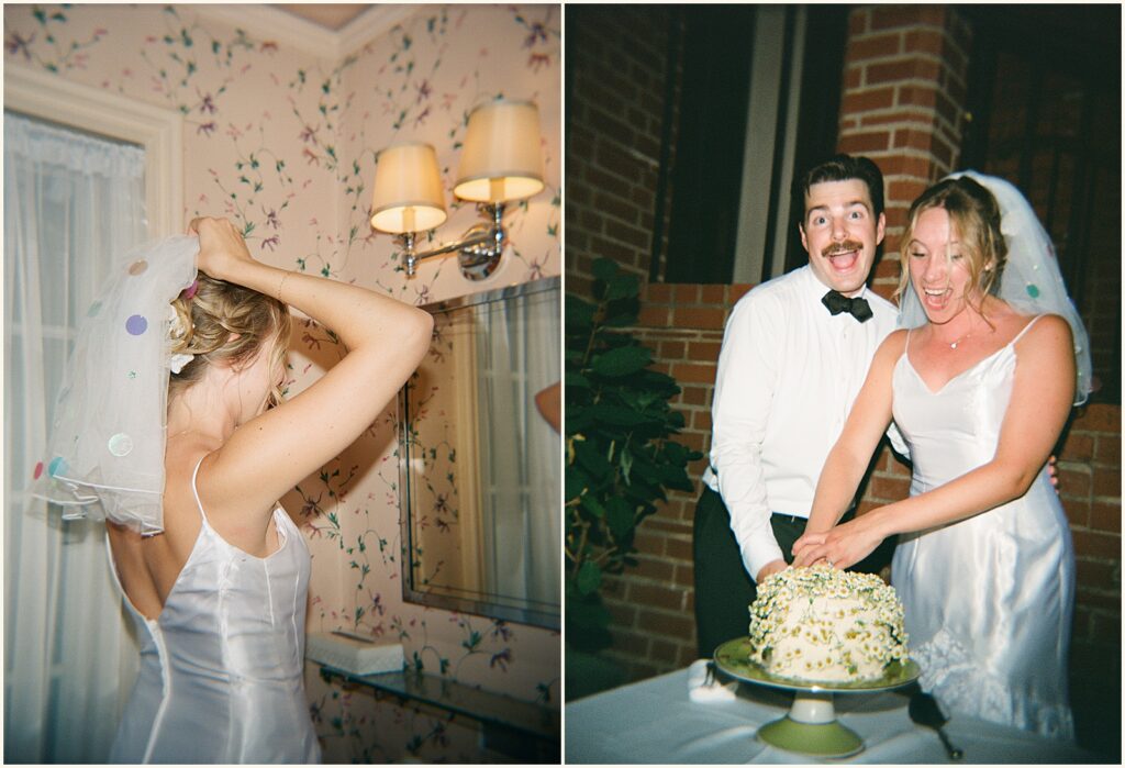 A bride and groom cut a wedding cake decorated with flowers in film wedding photography.